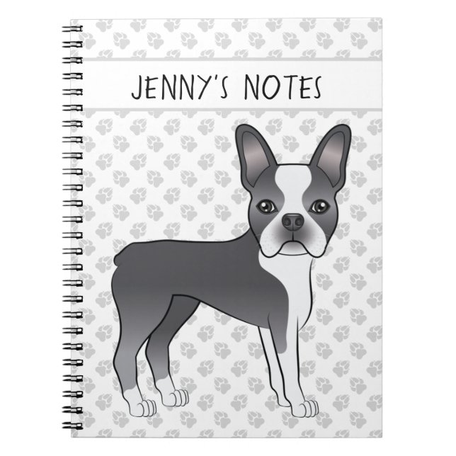 Blue And White Boston Terrier Cartoon Dog & Text Notebook (Front)