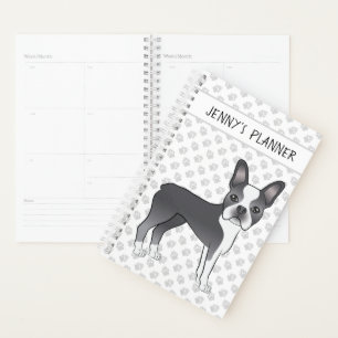 Blue And White Boston Terrier Cartoon Dog & Text Planner