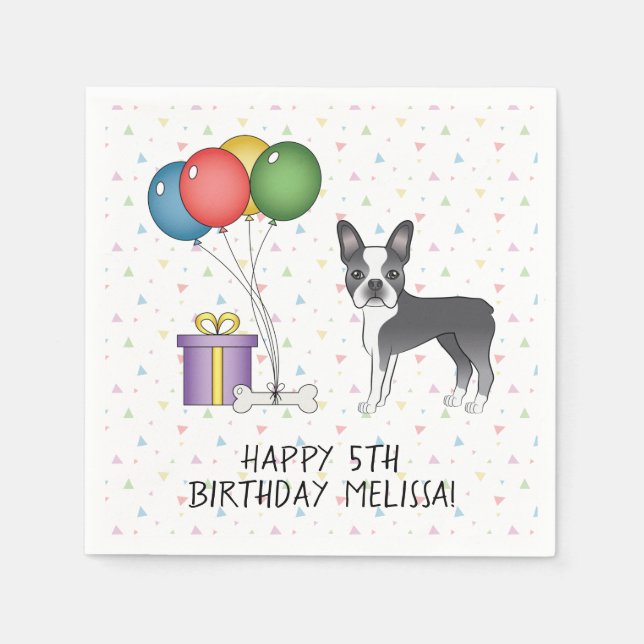 Blue And White Boston Terrier Cute Dog - Birthday Napkin (Front)