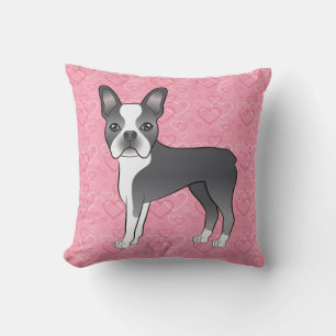 Blue And White Boston Terrier Dog On Pink Hearts Cushion