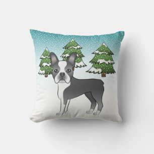 Blue And White Boston Terrier In A Winter Forest Cushion