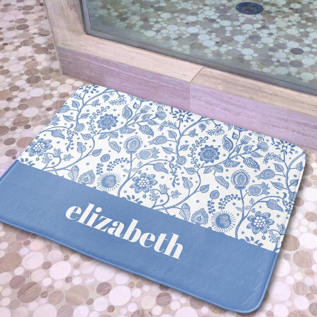 Blue and White Botanical Floral Custom Name Modern Bath Mat (Creator Uploaded)
