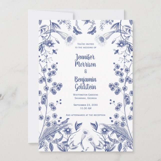 Blue and White Botanical Garden Wedding Invitation (Front)