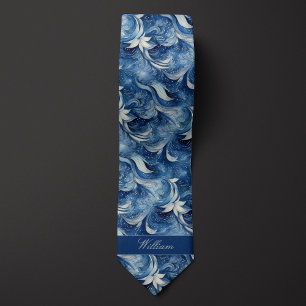 Blue and White Botanical Pattern Tie