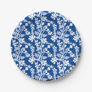 Blue And White Botanical Repeating Pattern Paper Plate