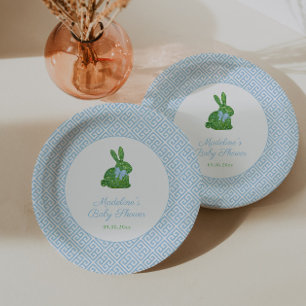 Blue And White Boxwood Bunny Boy Baby Shower Party Paper Plate