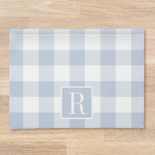 Blue and White Buffalo Check Custom Initial Gift Tea Towel