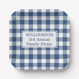 Blue and White Buffalo Check Family Picnic Paper Plate