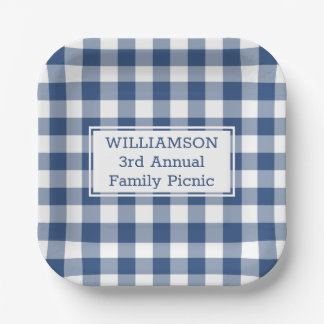 Blue and White Buffalo Check Family Picnic Paper Plate