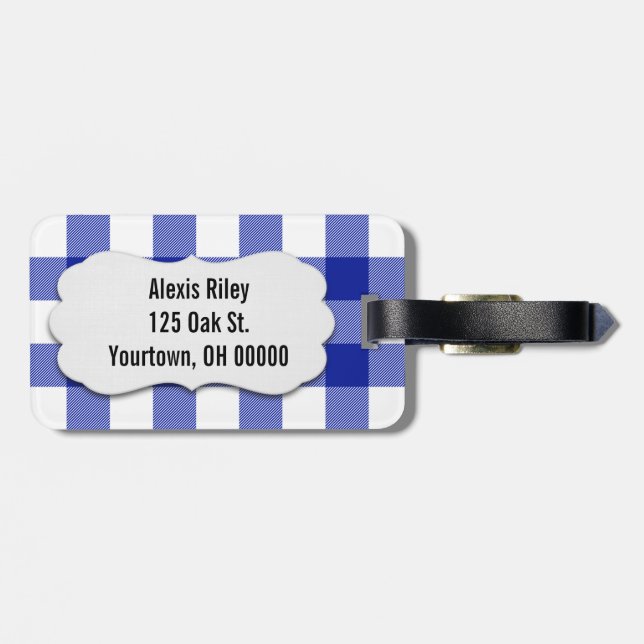 blue and white buffalo plaid luggage tag (Back Horizontal)