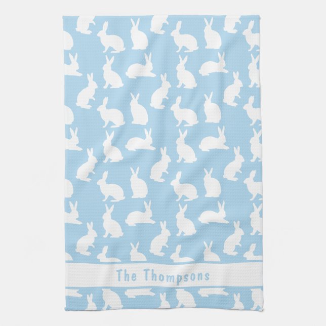 Blue And White Bunny Pattern And Name Easter Tea Towel (Vertical)