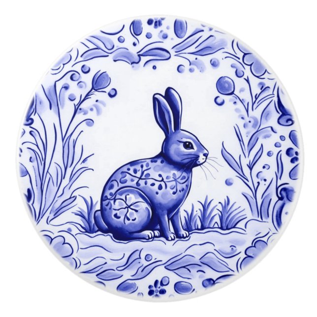Blue and White Bunny Rabbit Mediterranean Folk Art Ceramic Knob (Front)