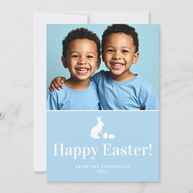 Blue And White Bunny With Custom Photo Easter Card (Front)