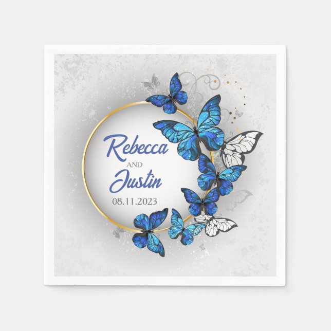Blue and White butterflies Modern Boho Napkins (Front)