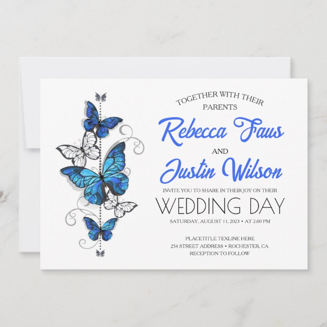 Blue and White Butterflies Morpho Monarch Invitation (Front)