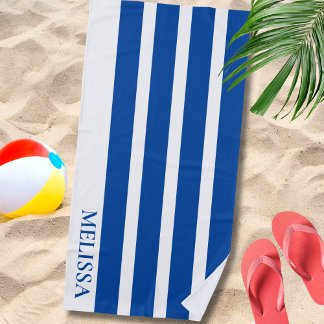 Blue And White Cabana Stripe Personalized Name   Beach Towel