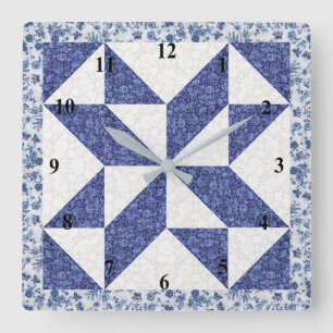 Blue and White Calico Faux Quilt Square Wall Clock