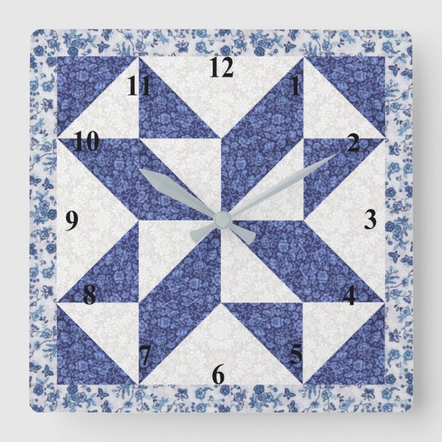 Blue and White Calico Faux Quilt Square Wall Clock (Front)