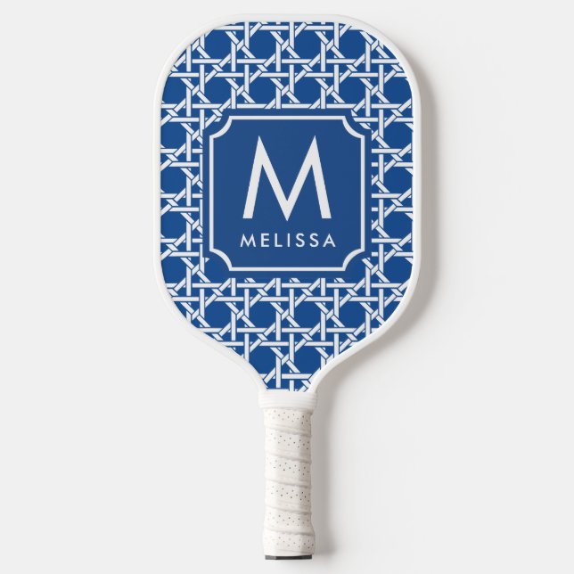 Blue and White Cane | Rattan | Monogram  Pickleball Paddle (Front)