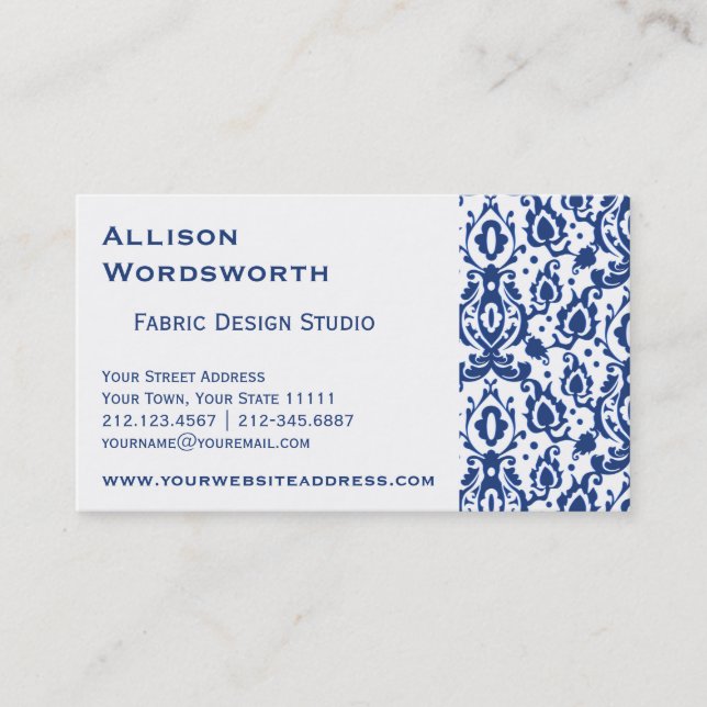Blue and White Casbah Damask Business Card (Front)