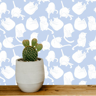 Blue and White Cat Pattern Block Print Wallpaper