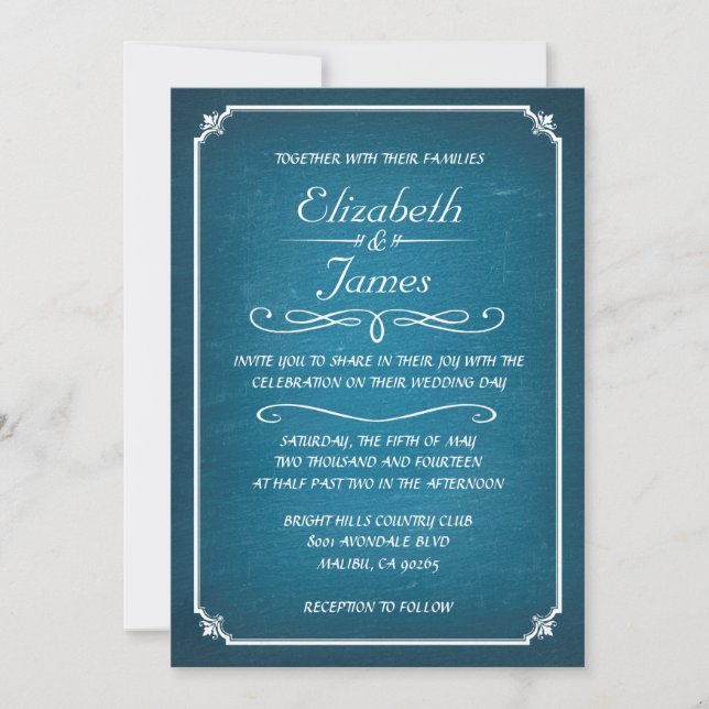 Blue and White Chalkboard Wedding Invitations (Front)