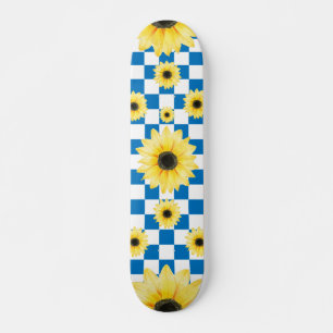 blue and white Checkered & Sunflower Skateboard