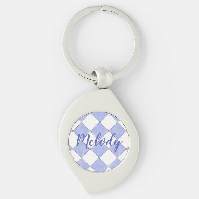 Blue and White Checks Personalised Keychain (Front)