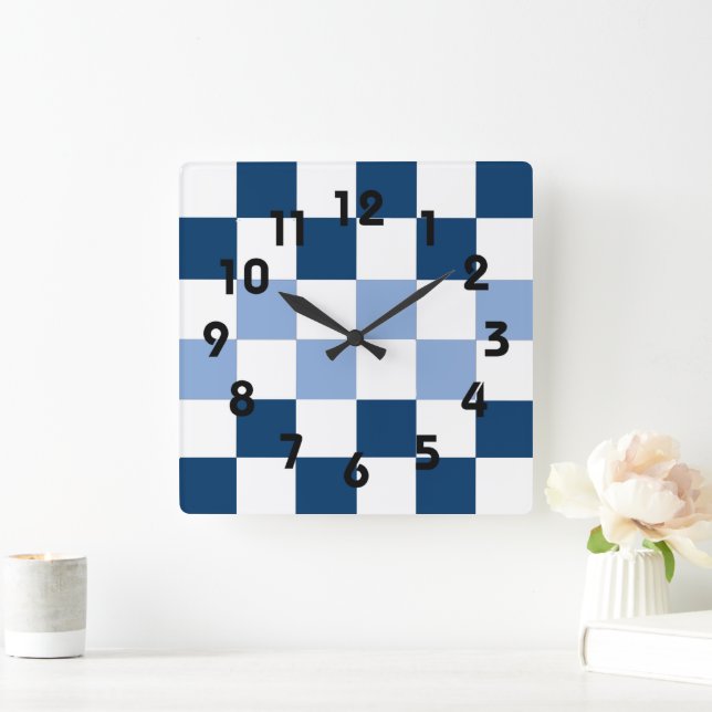 Blue and White Chequerboard Wall Clock (Home)