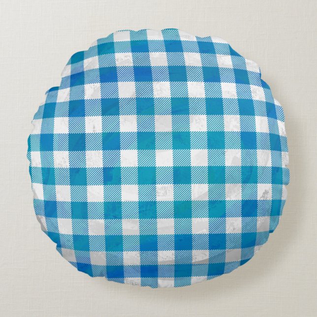 Blue and White Chequered Buffalo Plaid Round Cushion (Front)