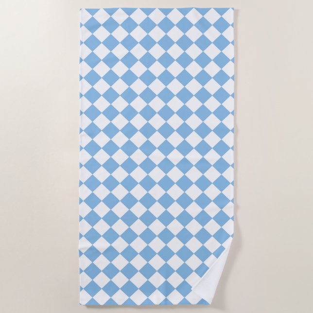 Blue and White Chequered Diamond Pattern Beach Towel (Front)