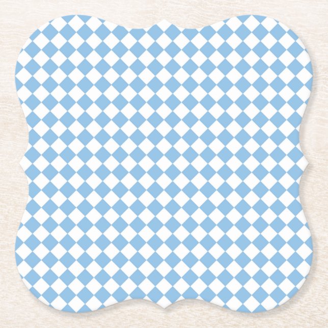 Blue and White Chequered Diamond Pattern Paper Coaster (Front)