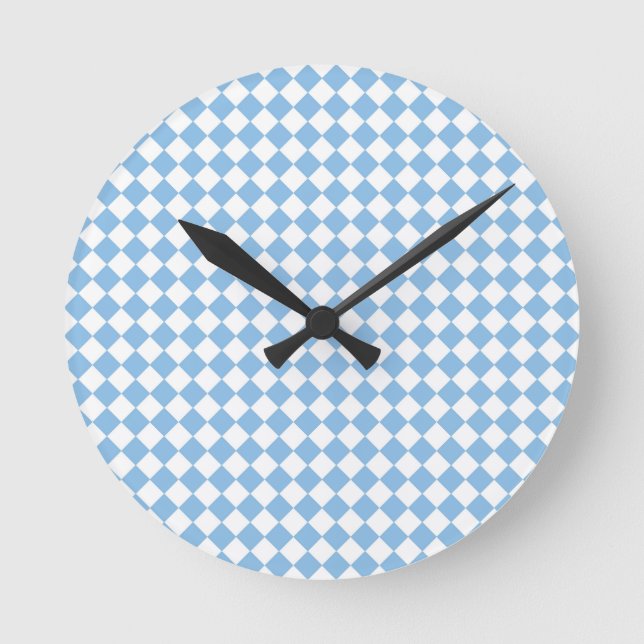 Blue and White Chequered Diamond Pattern Round Clock (Front)