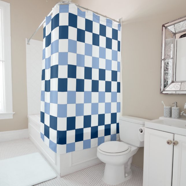 Blue and White Chequered Shower Curtain (In Situ)