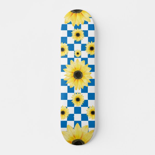blue and white  Chequered & Sunflower Skateboard (Front)