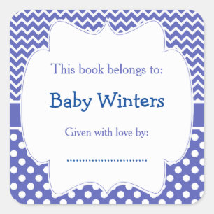 Blue and White Chevron  and Polka Dots Bookplate Square Sticker