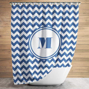 Blue And White Chevron Pattern With Monogram Shower Curtain