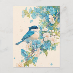 Blue and White Chickadee on Spring Blossom Branch Postcard