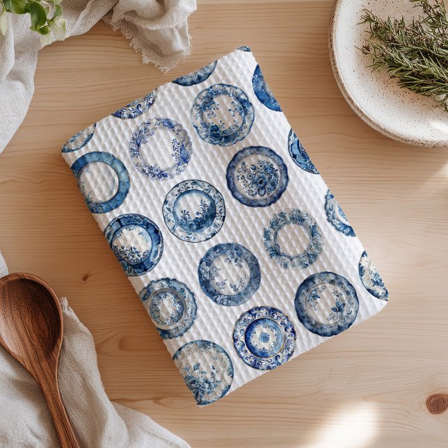 Blue and White China Plates  Tea Towel (Blue China Plates Kitchen Towel)