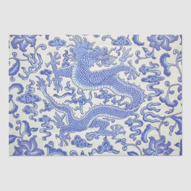 Blue and White Chinese Dragon Floral Decoupage Tissue Paper (Front)
