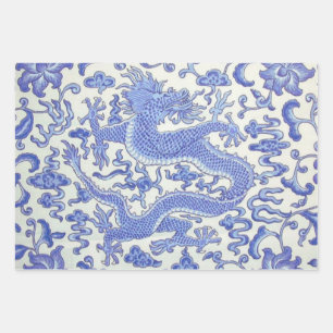 Blue and White Chinese Dragon Floral Decoupage Wrapping Paper Sheet