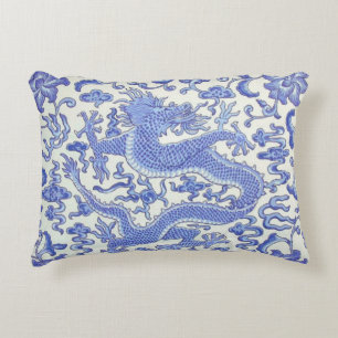 Blue and White Chinese Oriental Dragon Floral  Decorative Cushion