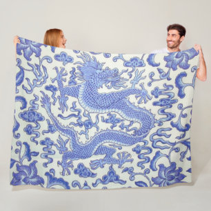 Blue and White Chinese Oriental Dragon Floral  Fleece Blanket