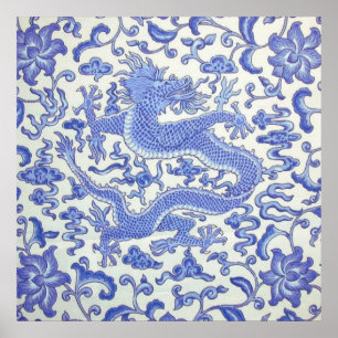 Blue and White Chinese Oriental Dragon Floral Poster