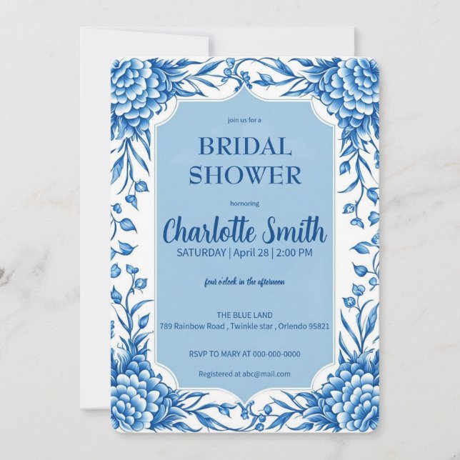 blue and white Chinoiserie antique bridal shower Invitation (Front)