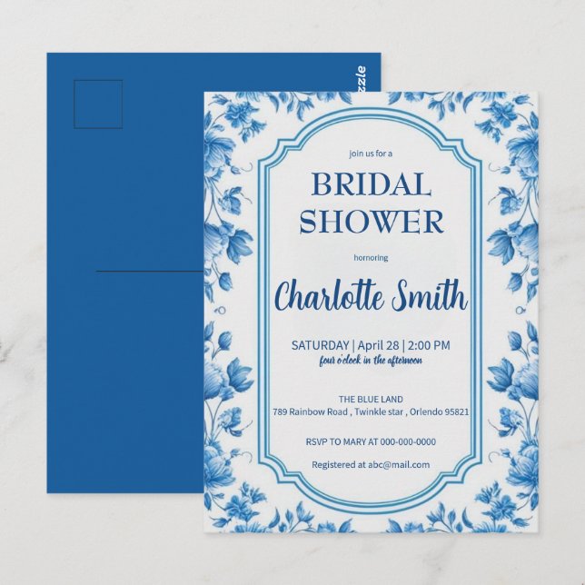 blue and white Chinoiserie antique bridal shower Postcard (Front/Back)