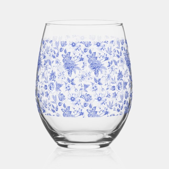 Blue and white Chinoiserie antique bridal shower Stemless Wine Glass (Right)