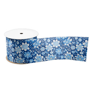blue and white Chinoiserie antique floral Pattern Satin Ribbon