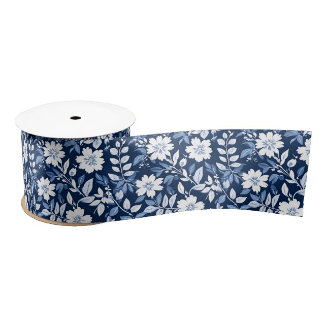 blue and white Chinoiserie antique floral Pattern Satin Ribbon (Spool)