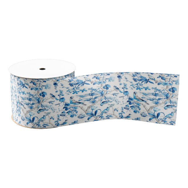Blue and White Chinoiserie Bird Birds Grosgrain Ribbon (Spool)